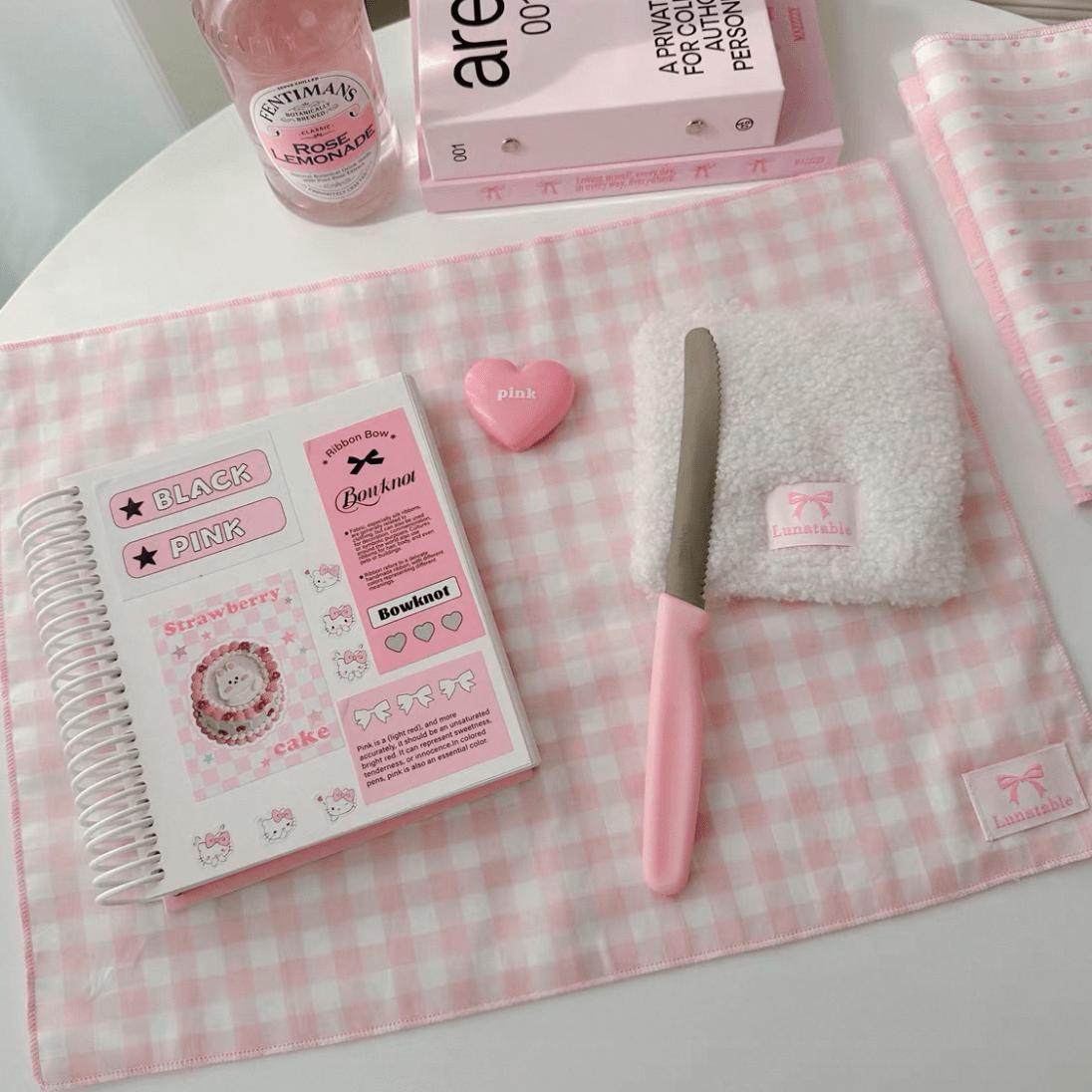 Pink Heart Plaid Stripe Fabric Placemat - ArtGalleryZen