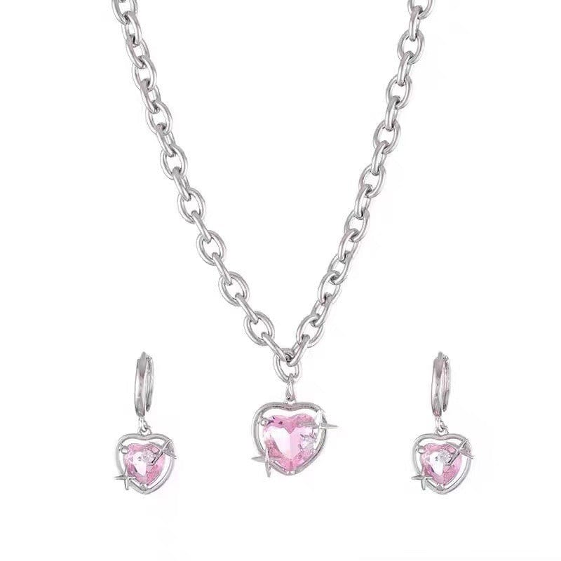 Pink Heart Star Necklace Earrings Set - ArtGalleryZen