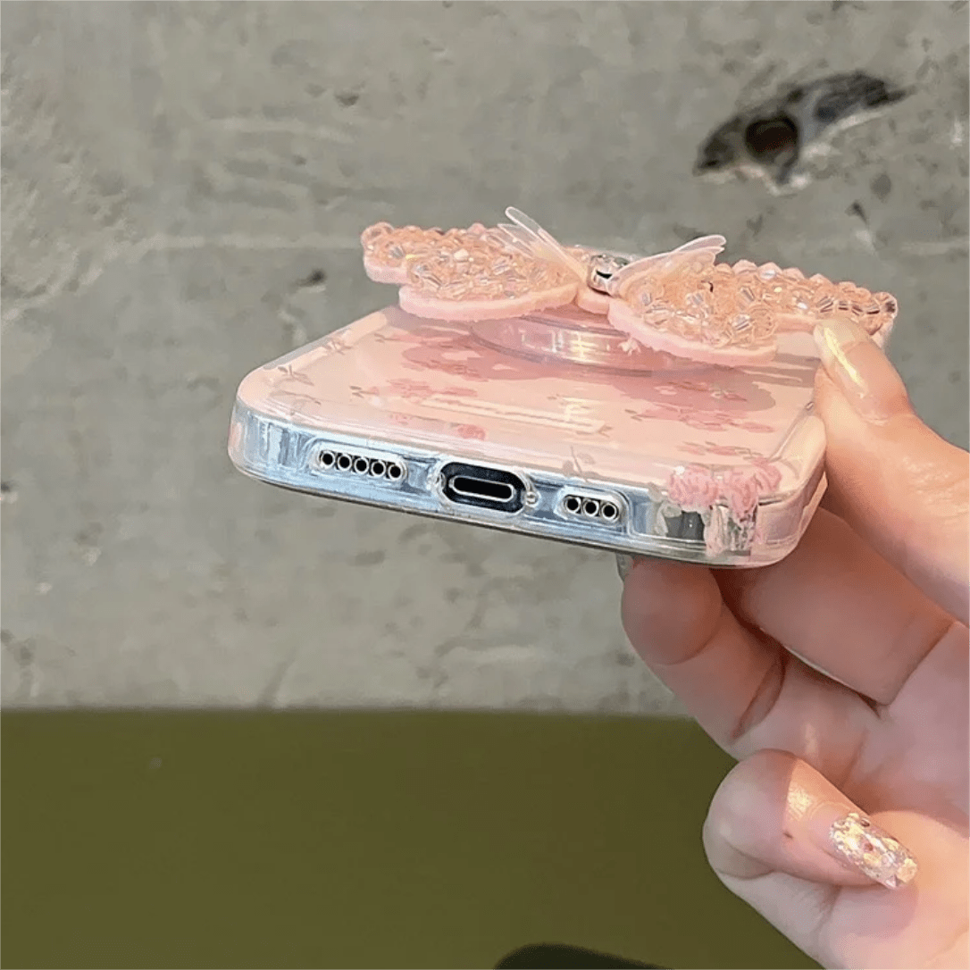 Pink Rose Rhinestone Inlaid Crystal Sequin Butterfly Stand iPhone Case - ArtGalleryZen