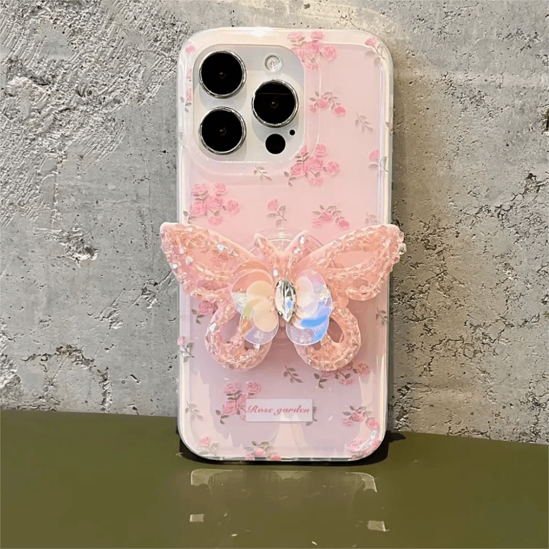 Pink Rose Rhinestone Inlaid Crystal Sequin Butterfly Stand iPhone Case - ArtGalleryZen