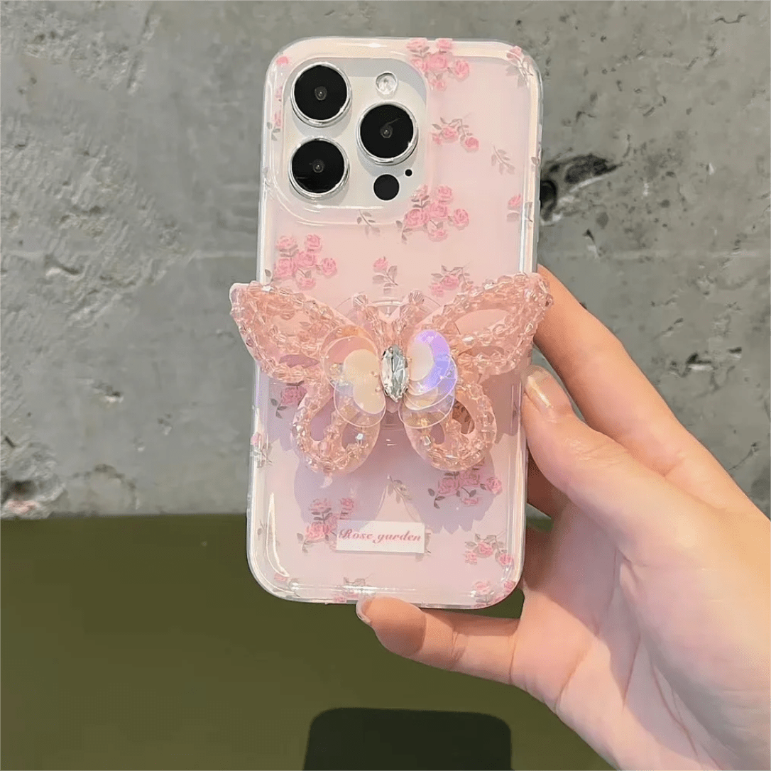 Pink Rose Rhinestone Inlaid Crystal Sequin Butterfly Stand iPhone Case - ArtGalleryZen