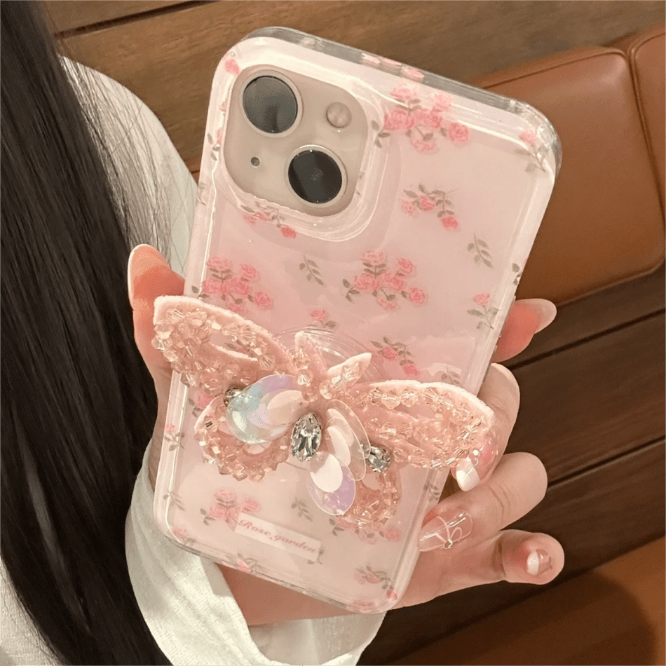 Pink Rose Rhinestone Inlaid Crystal Sequin Butterfly Stand iPhone Case - ArtGalleryZen