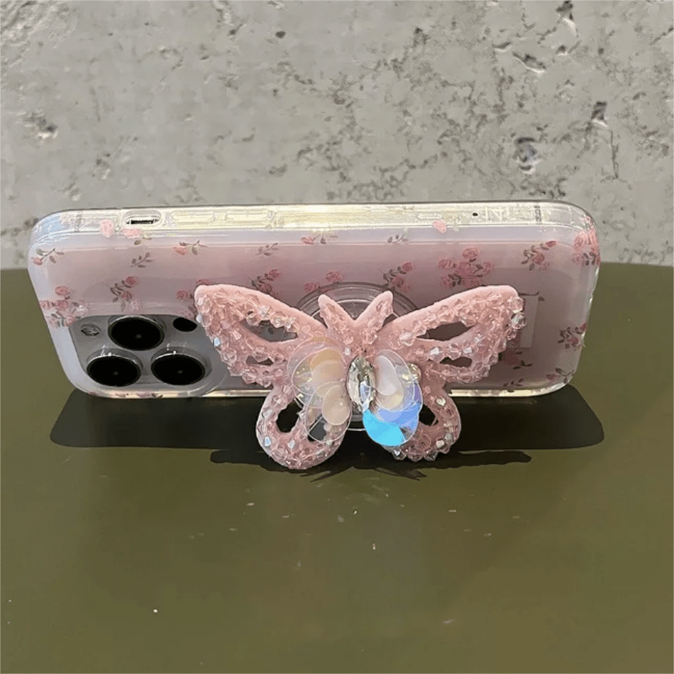 Pink Rose Rhinestone Inlaid Crystal Sequin Butterfly Stand iPhone Case - ArtGalleryZen