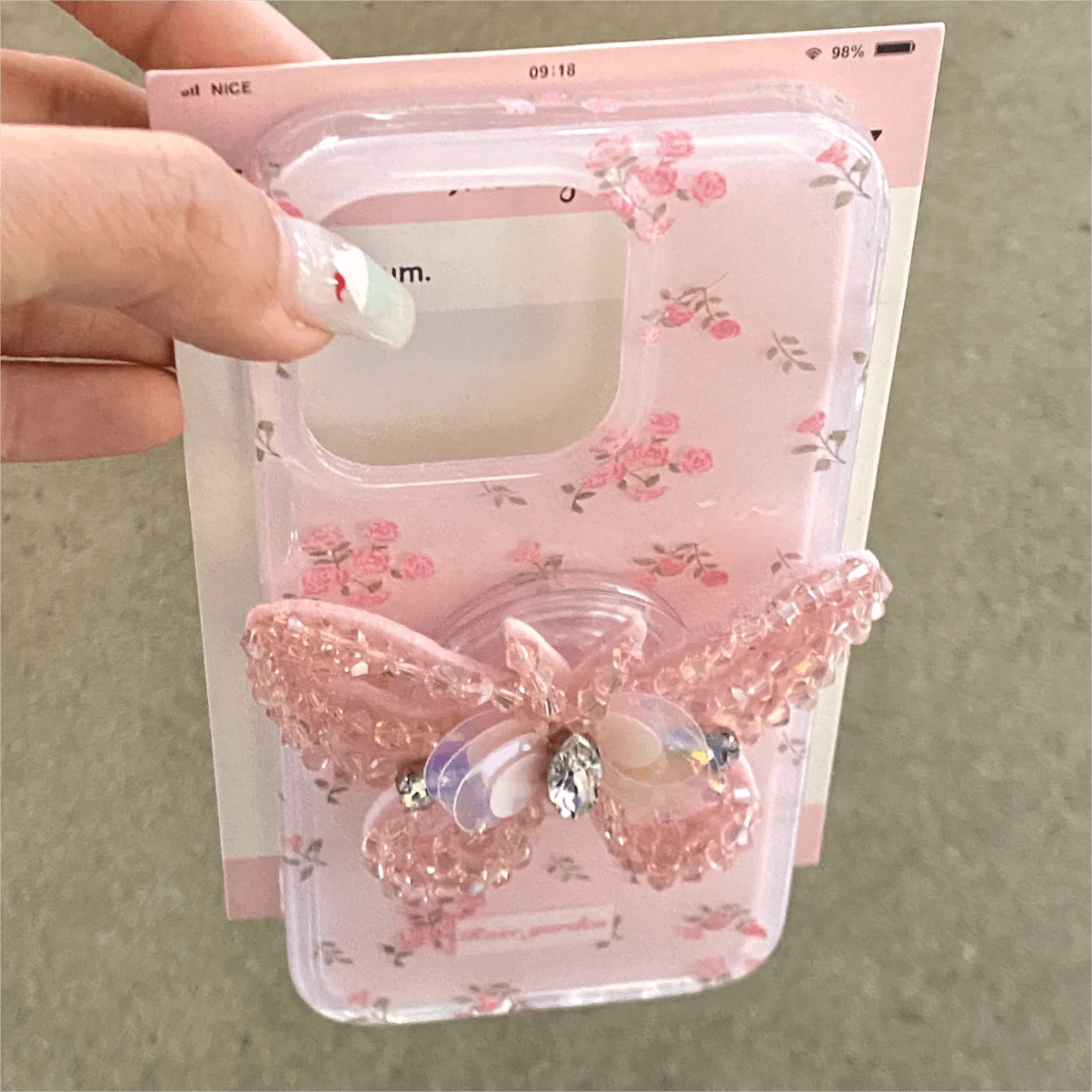 Pink Rose Rhinestone Inlaid Crystal Sequin Butterfly Stand iPhone Case - ArtGalleryZen