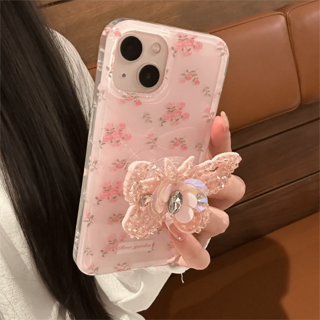 Pink Rose Rhinestone Inlaid Crystal Sequin Butterfly Stand iPhone Case - ArtGalleryZen