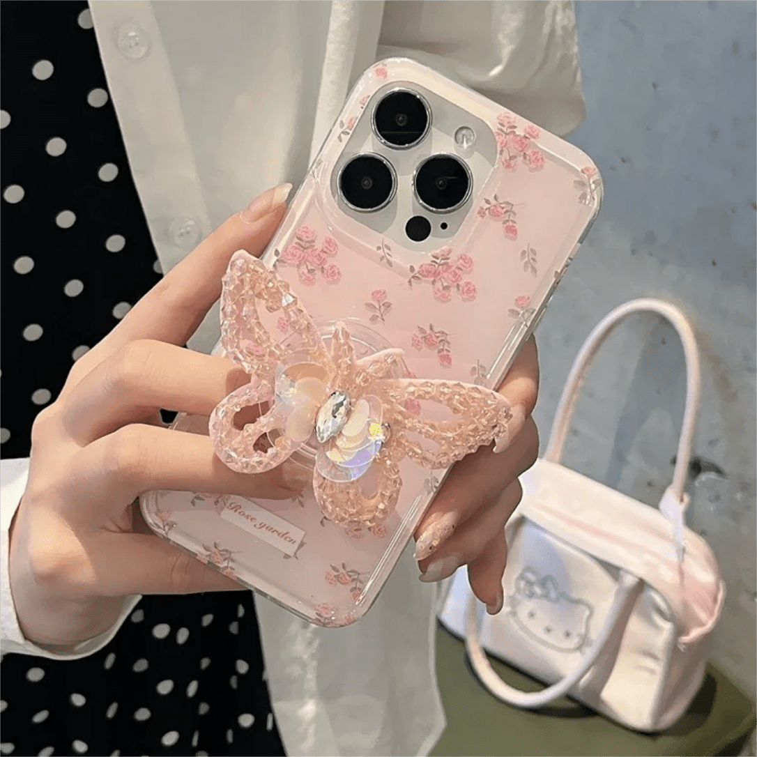 Pink Rose Rhinestone Inlaid Crystal Sequin Butterfly Stand iPhone Case - ArtGalleryZen
