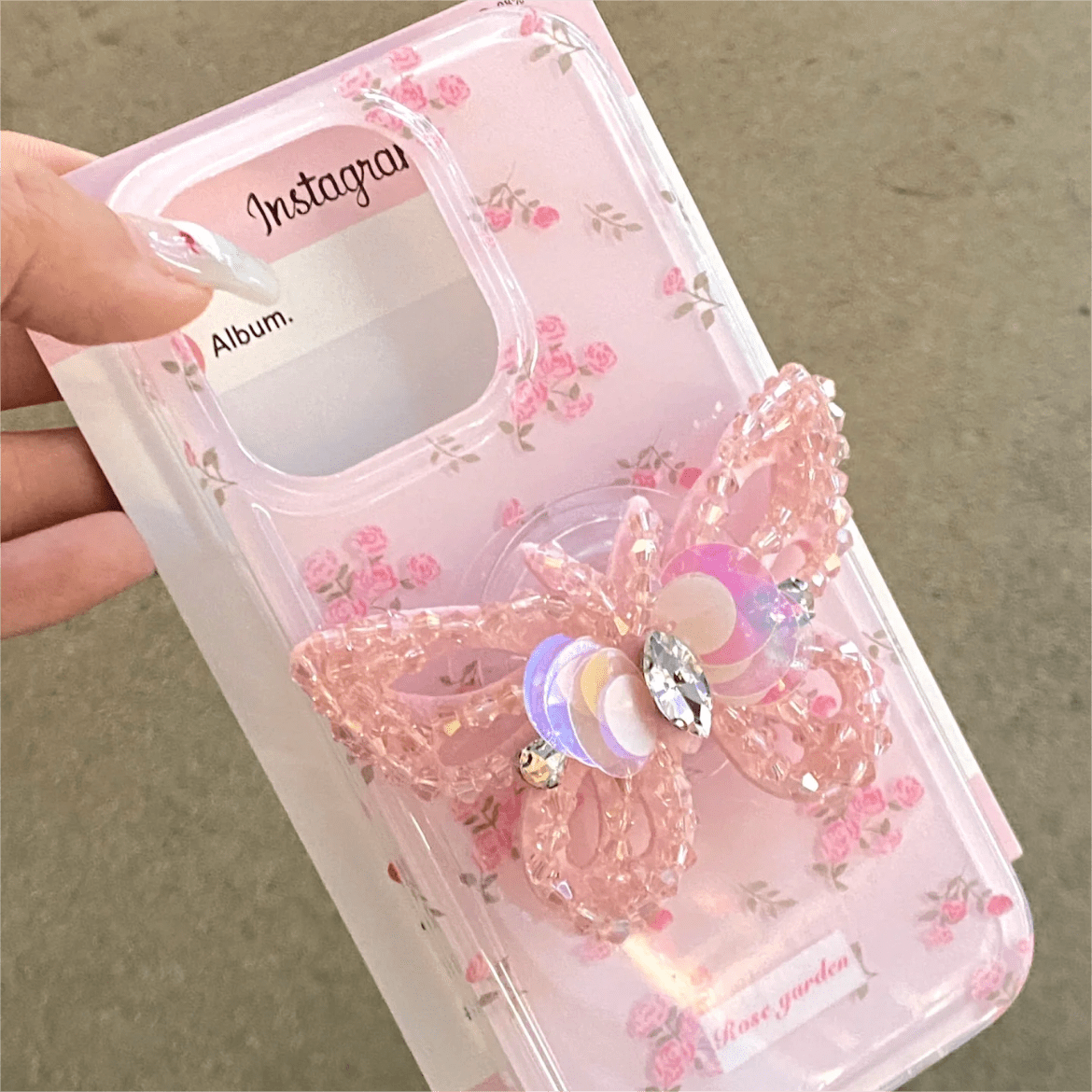 Pink Rose Rhinestone Inlaid Crystal Sequin Butterfly Stand iPhone Case - ArtGalleryZen