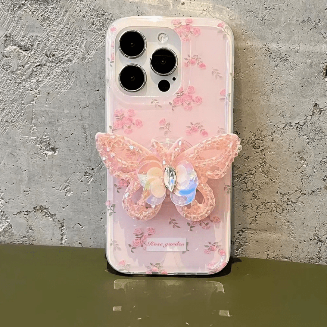 Pink Rose Rhinestone Inlaid Crystal Sequin Butterfly Stand iPhone Case