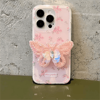 Thumbnail for Pink Rose Rhinestone Inlaid Crystal Sequin Butterfly Stand iPhone Case