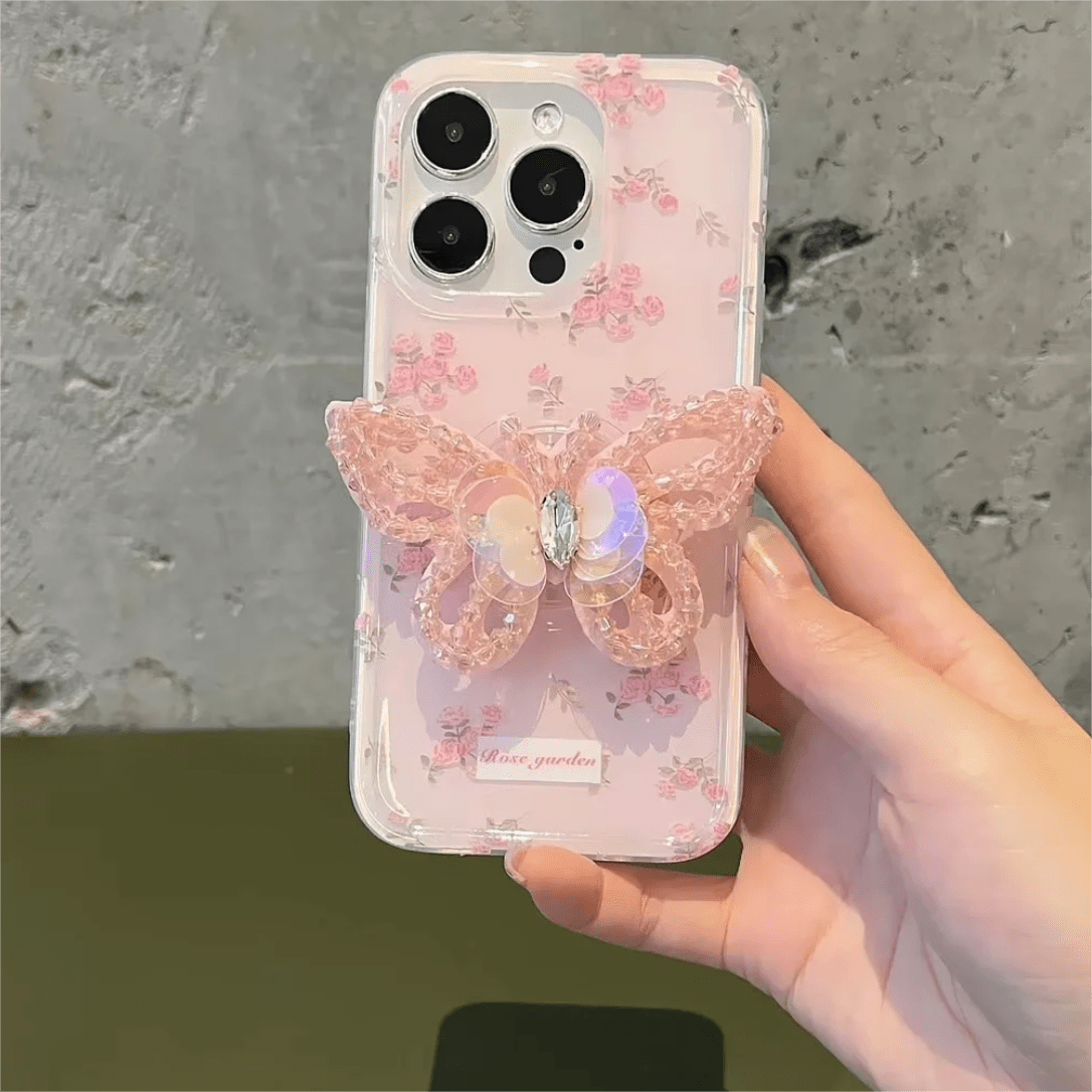 Pink Rose Rhinestone Inlaid Crystal Sequin Butterfly Stand iPhone Case