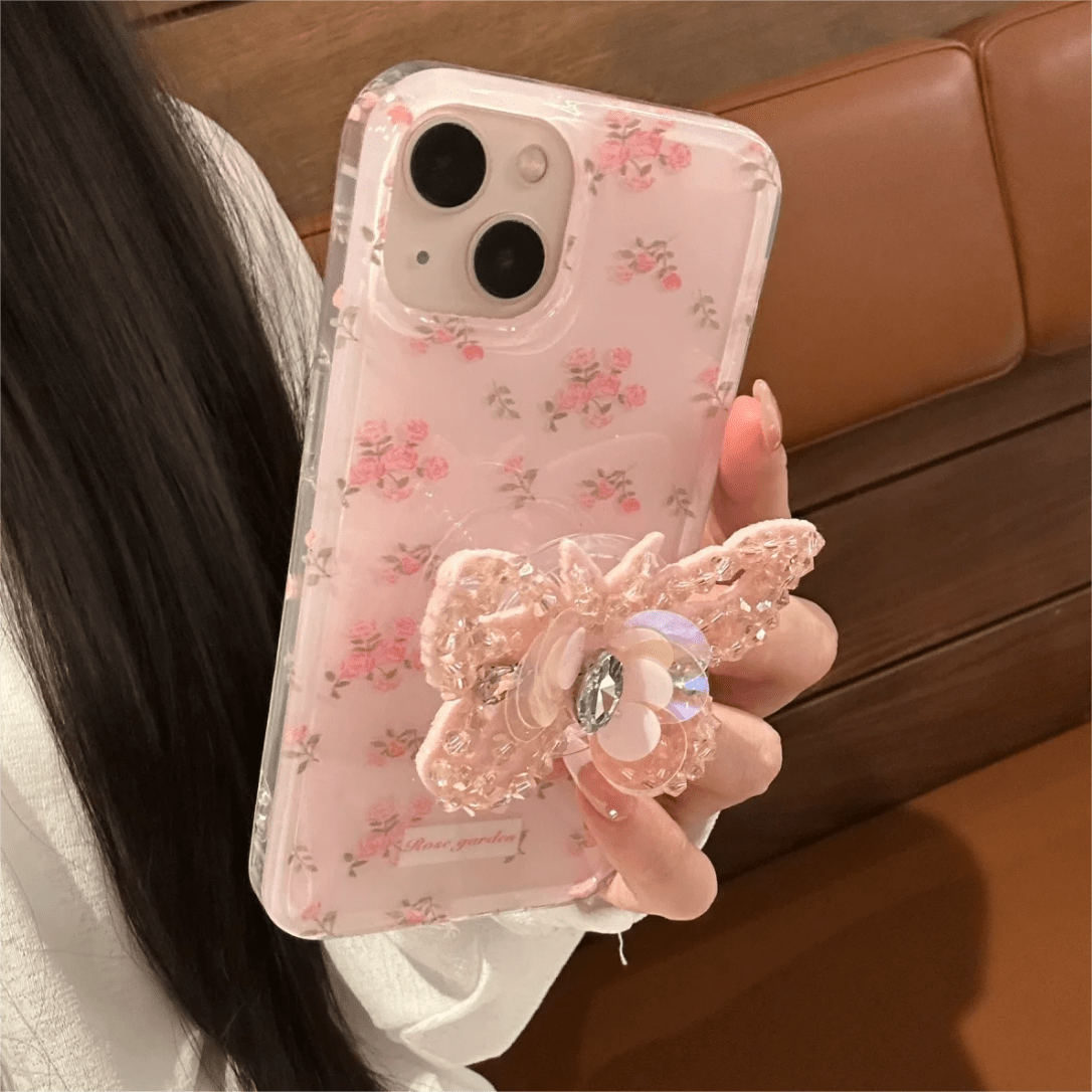 Pink Rose Rhinestone Inlaid Crystal Sequin Butterfly Stand iPhone Case