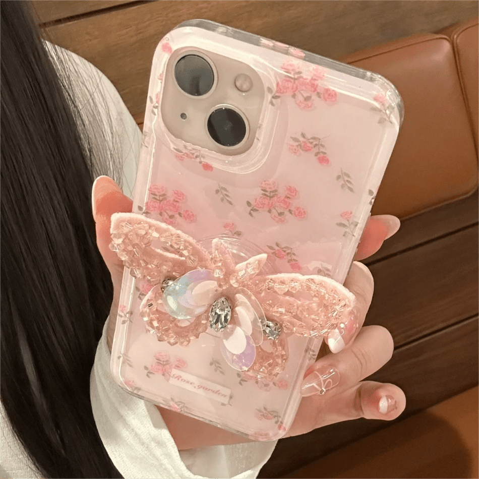 Pink Rose Rhinestone Inlaid Crystal Sequin Butterfly Stand iPhone Case