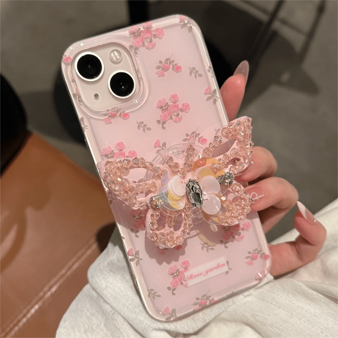 Pink Rose Rhinestone Inlaid Crystal Sequin Butterfly Stand iPhone Case