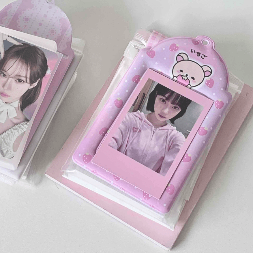 Pink Stawberry Rilakkuma Kpop Keychain Photocard Holder - ArtGalleryZen