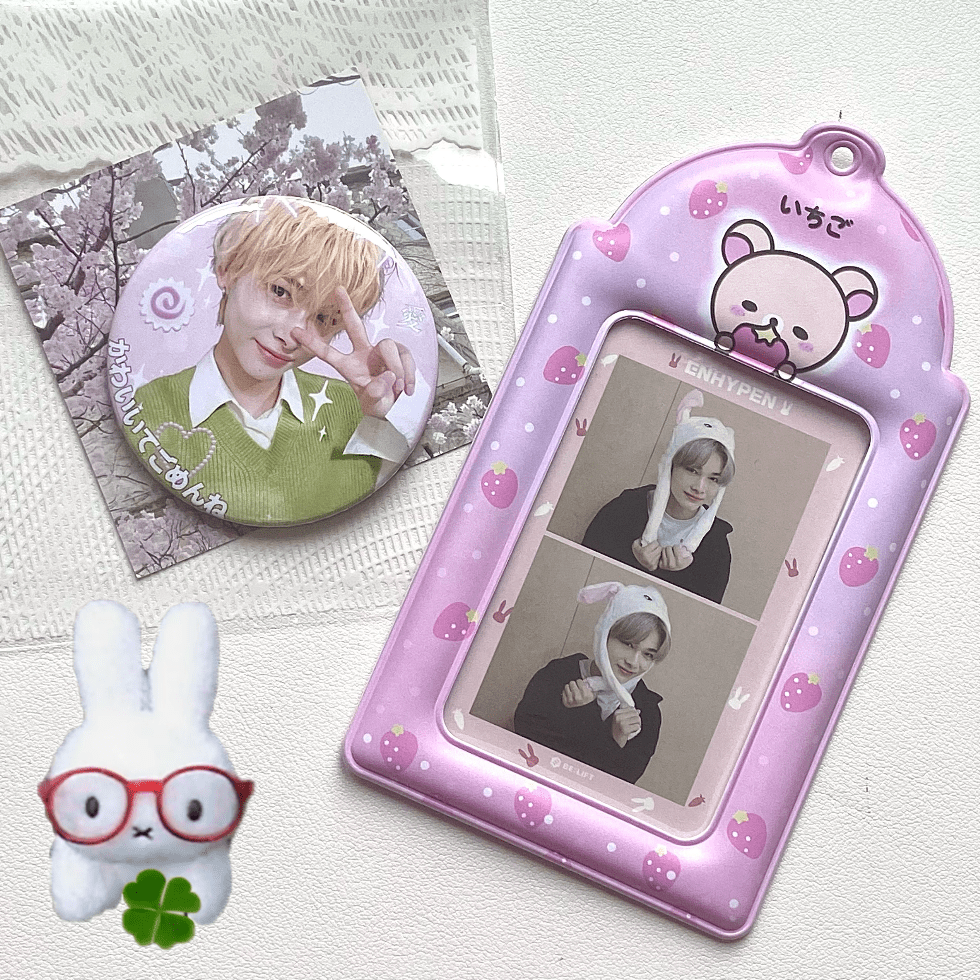 Pink Stawberry Rilakkuma Kpop Keychain Photocard Holder - ArtGalleryZen