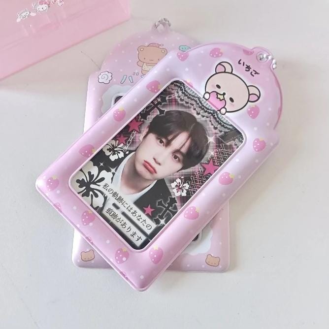 Pink Stawberry Rilakkuma Kpop Keychain Photocard Holder - ArtGalleryZen