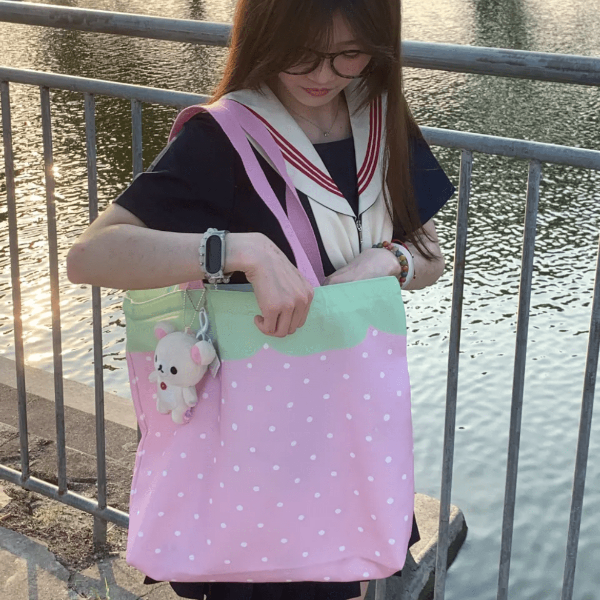 Pink Strawberry Canvas Casual Shoulder Bag - ArtGalleryZen