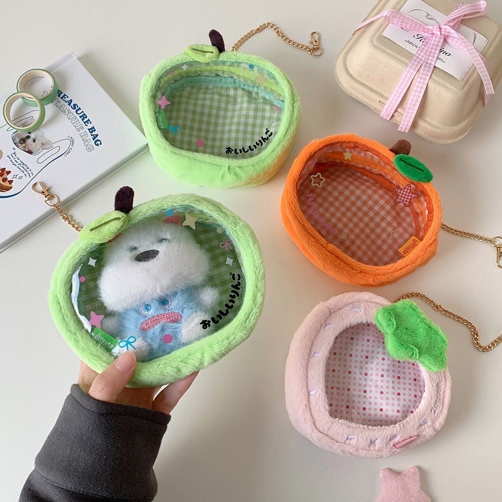 Plush Fruit Doll Clear Display Keychain Bag Kawaii Strawberry Apple - ArtGalleryZen