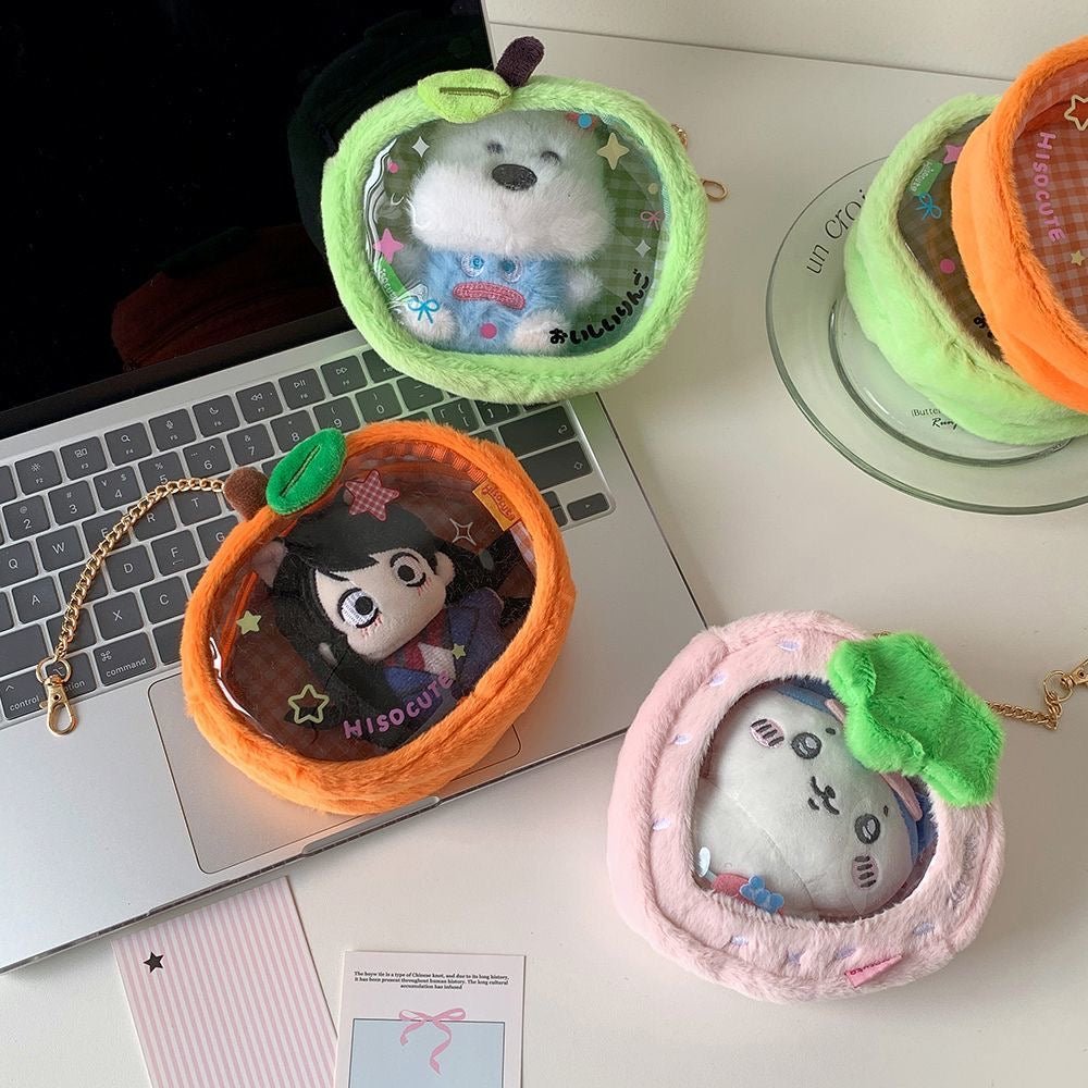 Plush Fruit Doll Clear Display Keychain Bag Kawaii Strawberry Apple - ArtGalleryZen