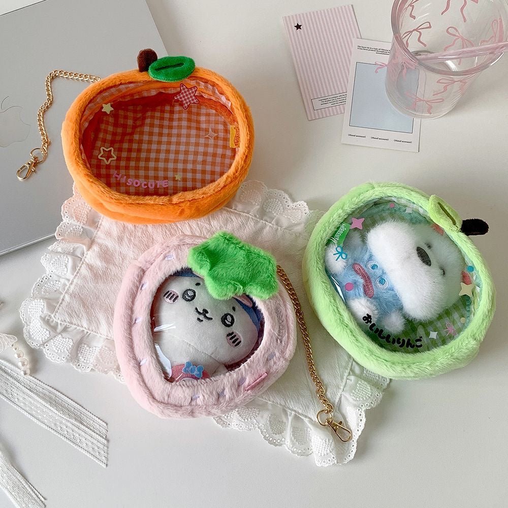 Plush Fruit Doll Clear Display Keychain Bag Kawaii Strawberry Apple - ArtGalleryZen