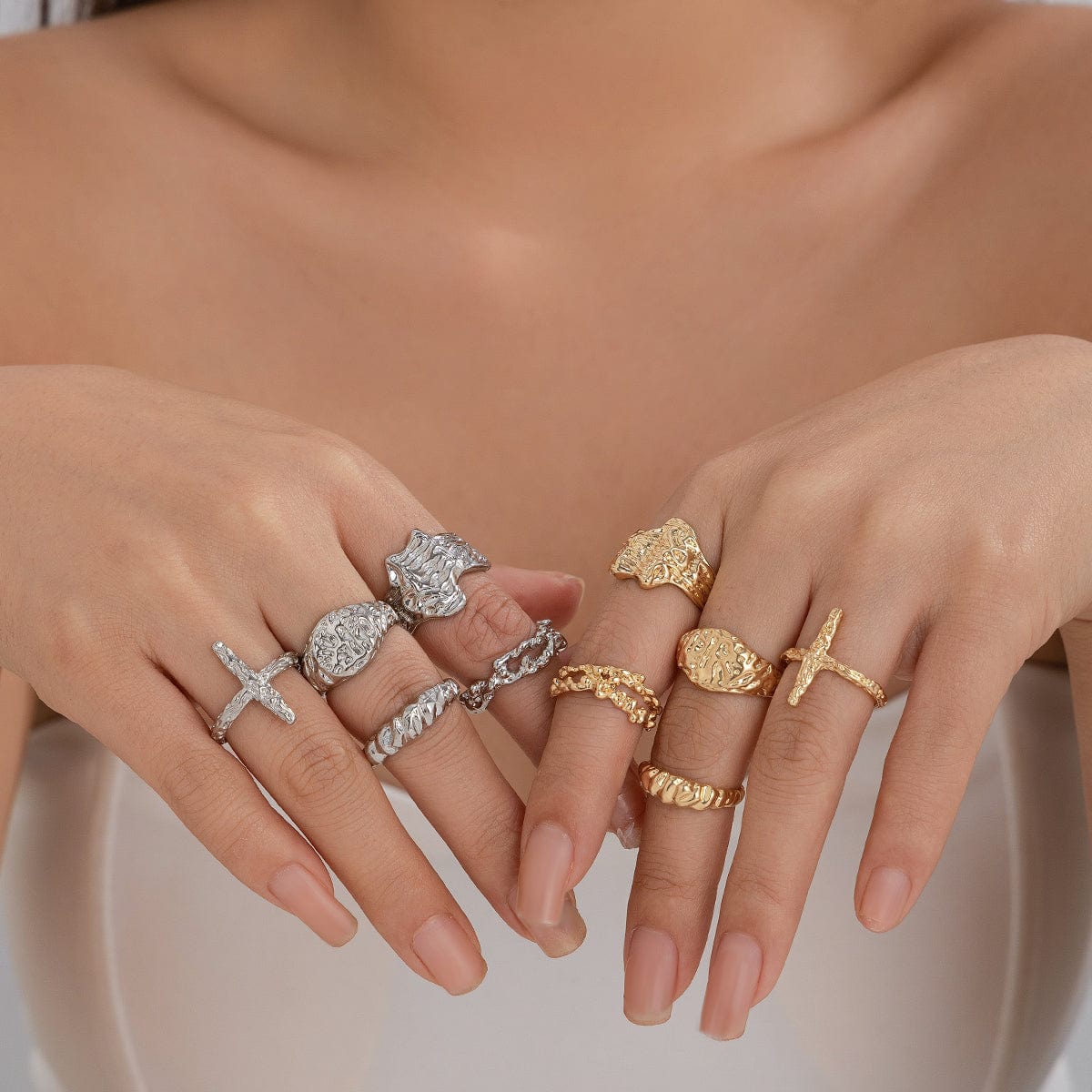 Punk 5pcs Metallic Textured Cross Open Ring Set