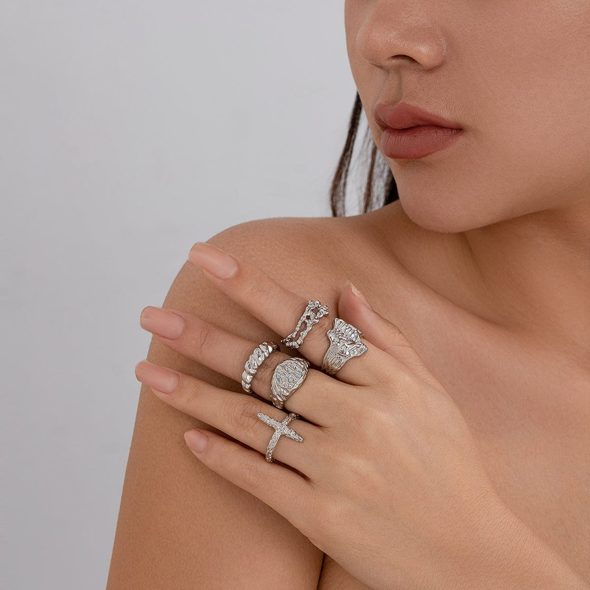 Punk 5pcs Metallic Textured Cross Open Ring Set