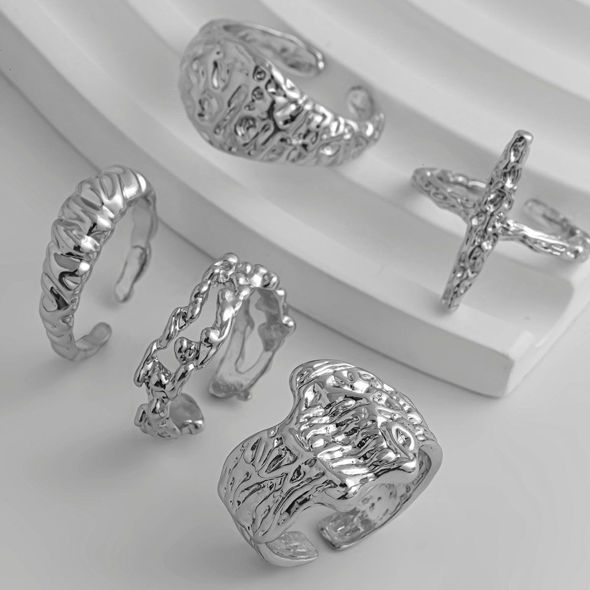 Punk 5pcs Metallic Textured Cross Open Ring Set