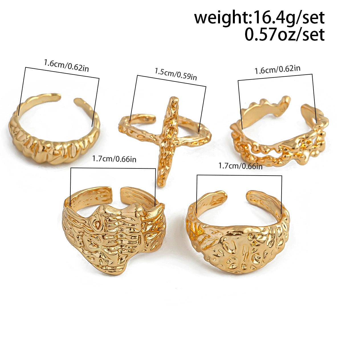 Punk 5pcs Metallic Textured Cross Open Ring Set