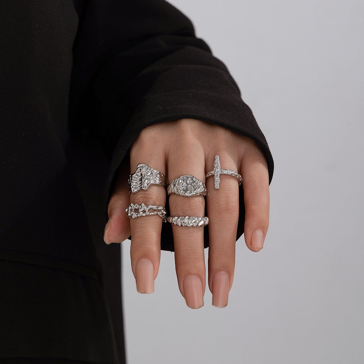 Punk 5pcs Metallic Textured Cross Open Ring Set