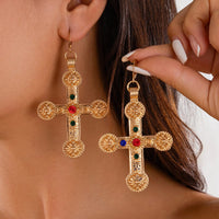 Thumbnail for Punk Chunky Rhinestone Inlaid Floral Cross Dangle Earrings