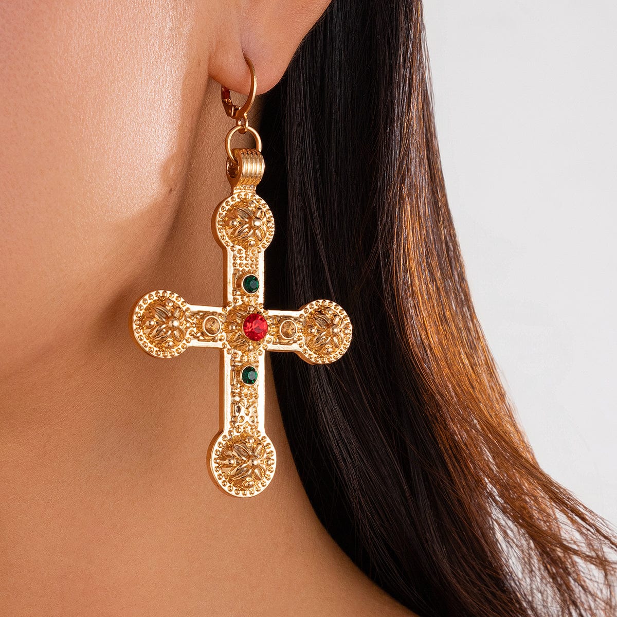 Punk Chunky Rhinestone Inlaid Floral Cross Dangle Earrings