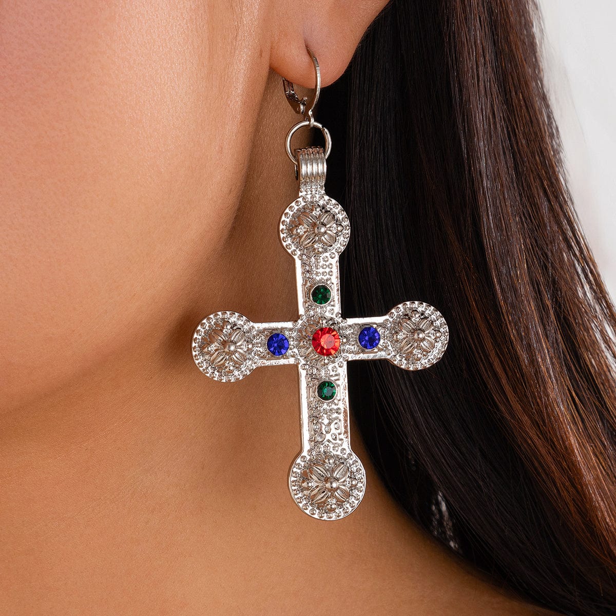 Punk Chunky Rhinestone Inlaid Floral Cross Dangle Earrings