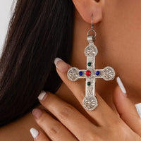 Thumbnail for Punk Chunky Rhinestone Inlaid Floral Cross Dangle Earrings