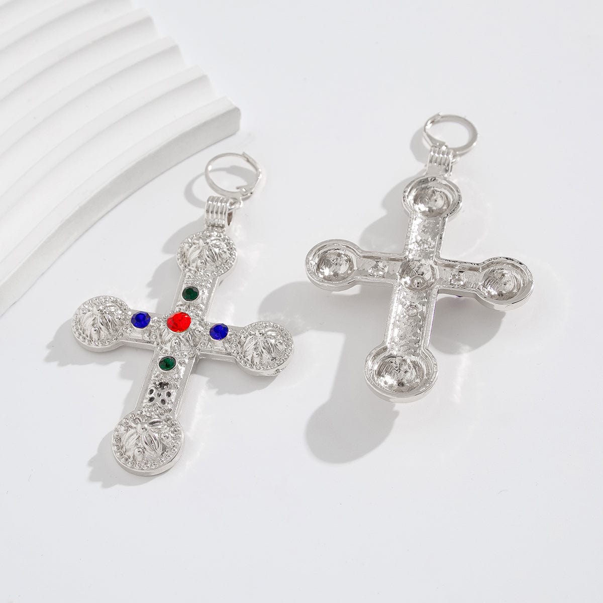 Punk Chunky Rhinestone Inlaid Floral Cross Dangle Earrings