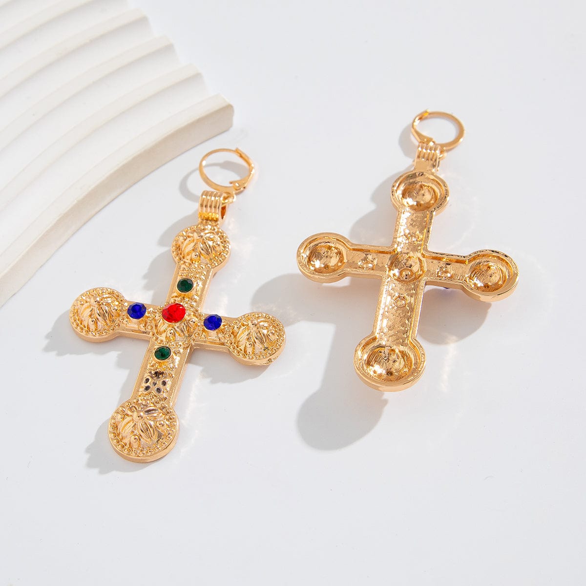 Punk Chunky Rhinestone Inlaid Floral Cross Dangle Earrings