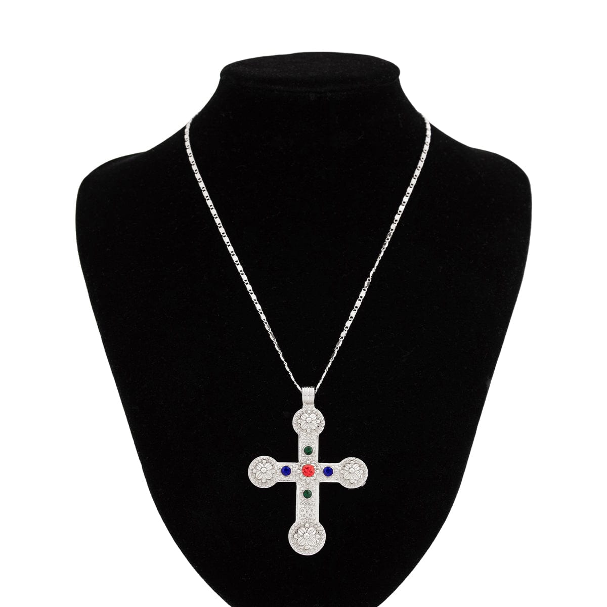 Punk Chunky Rhinestone Inlaid Floral Cross Pendant Necklace - ArtGalleryZen