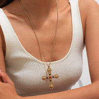 Thumbnail for Punk Chunky Rhinestone Inlaid Floral Cross Pendant Necklace - ArtGalleryZen