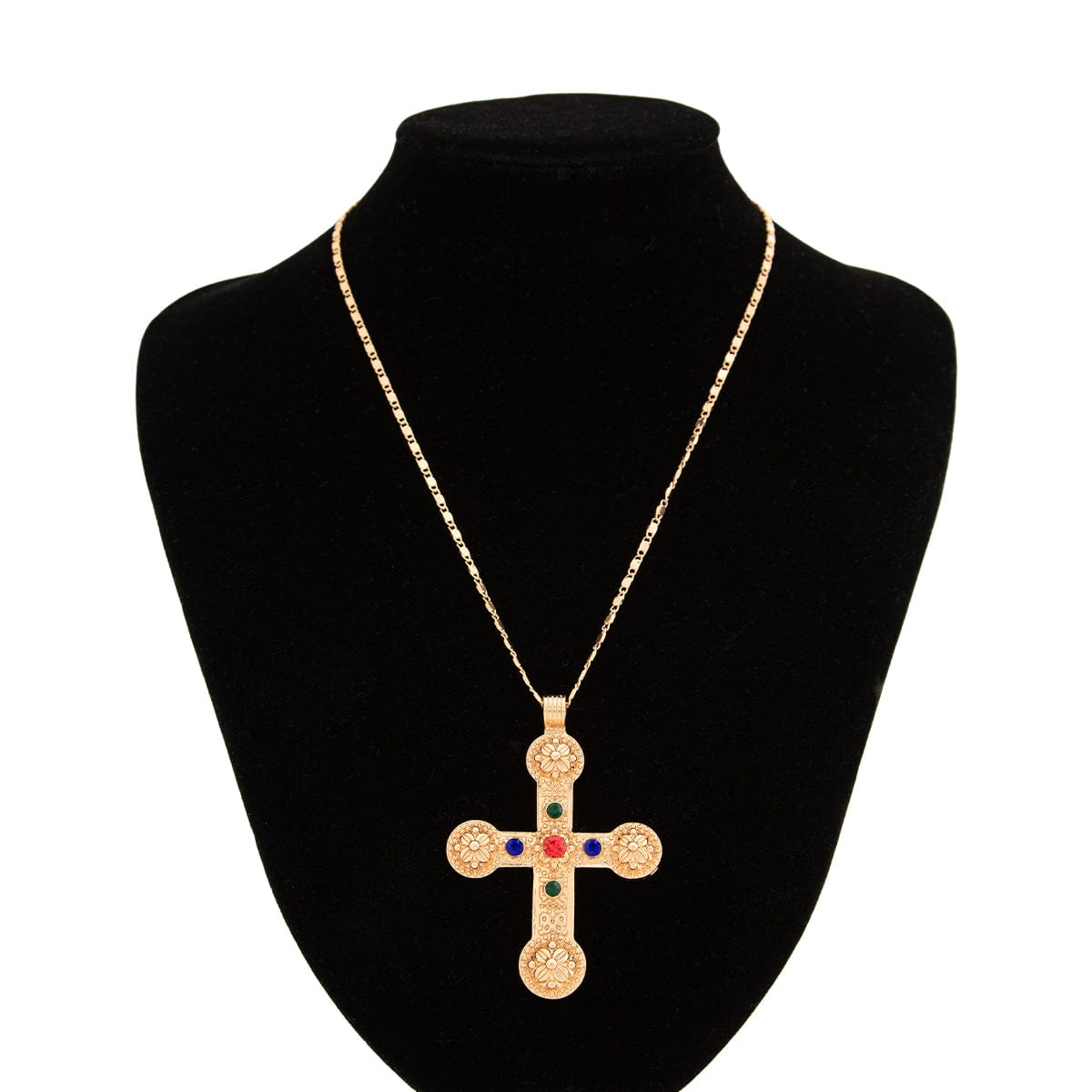 Punk Chunky Rhinestone Inlaid Floral Cross Pendant Necklace