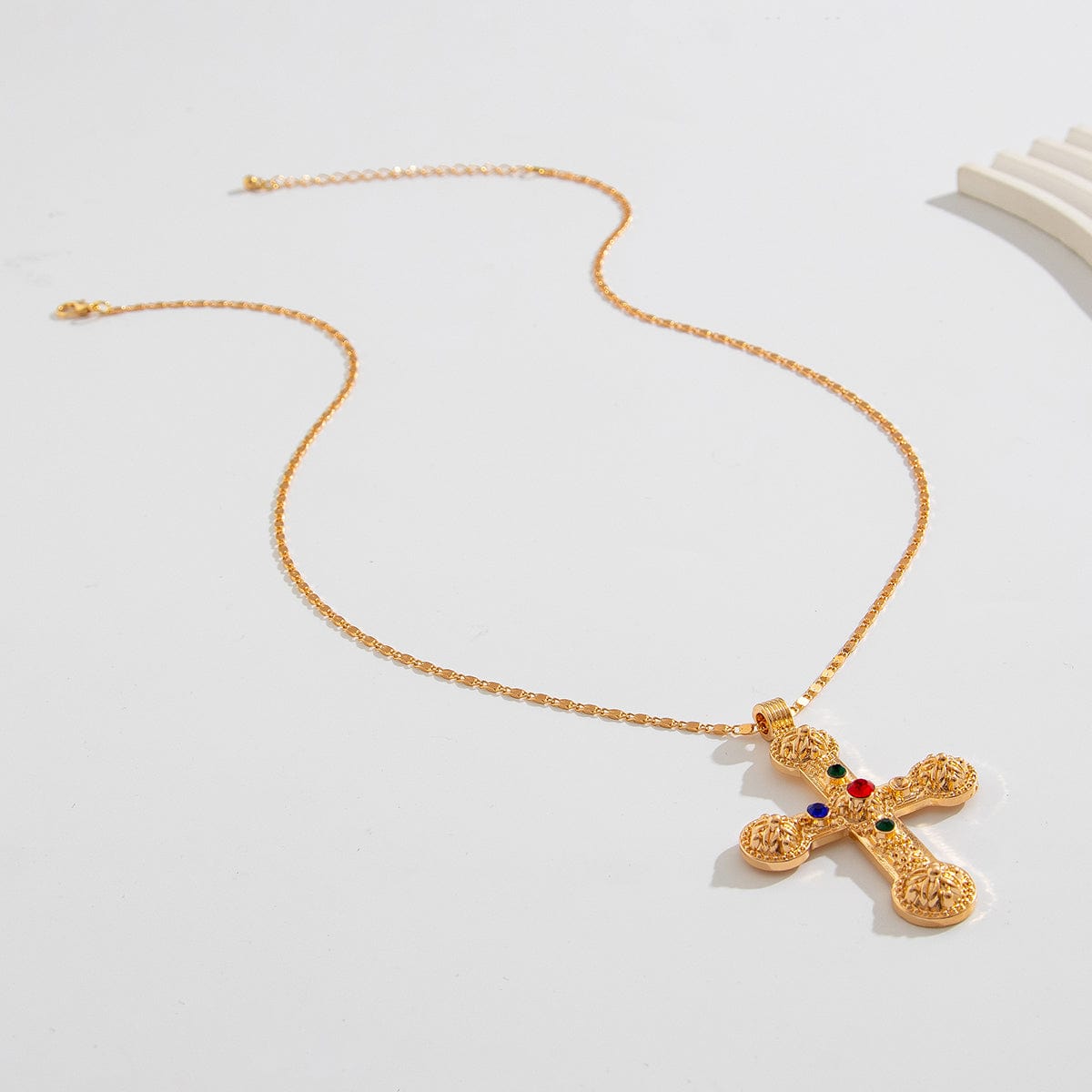 Punk Chunky Rhinestone Inlaid Floral Cross Pendant Necklace