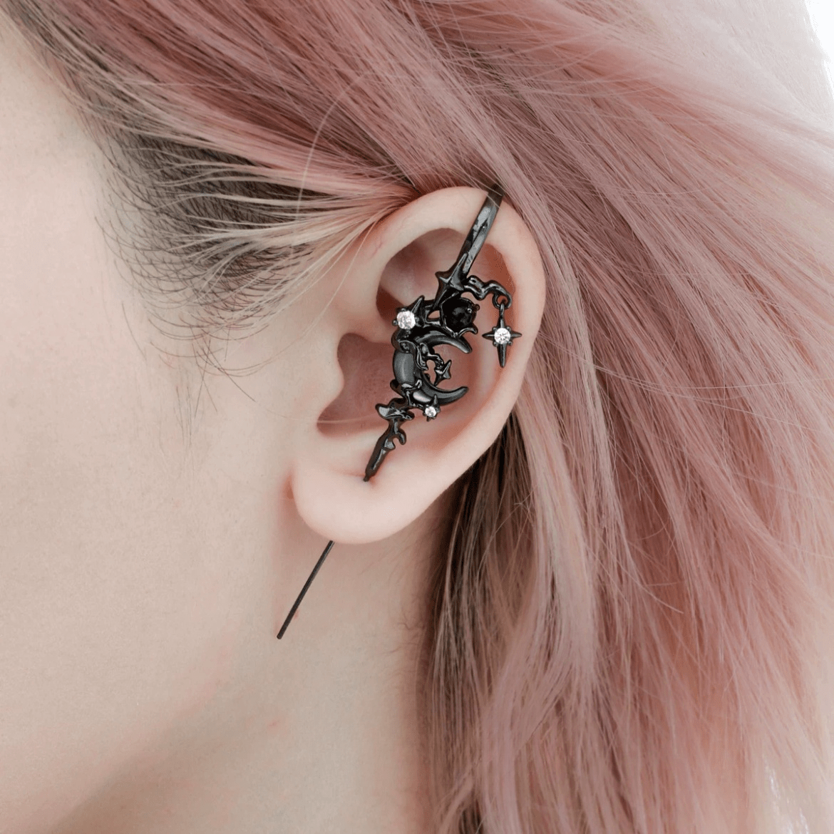 Punk CZ Inlaid Moon Star Rose Hook Needle Piercing Stud Earring - ArtGalleryZen