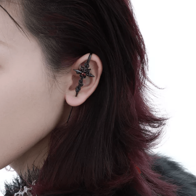 Punk CZ Inlaid Moon Star Rose Hook Needle Piercing Stud Earring - ArtGalleryZen