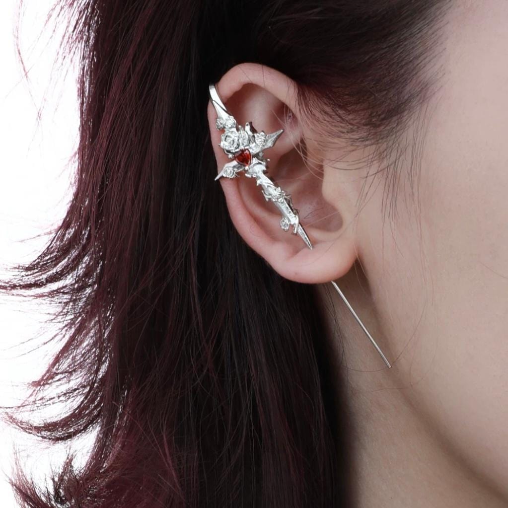 Punk CZ Inlaid Moon Star Rose Hook Needle Piercing Stud Earring