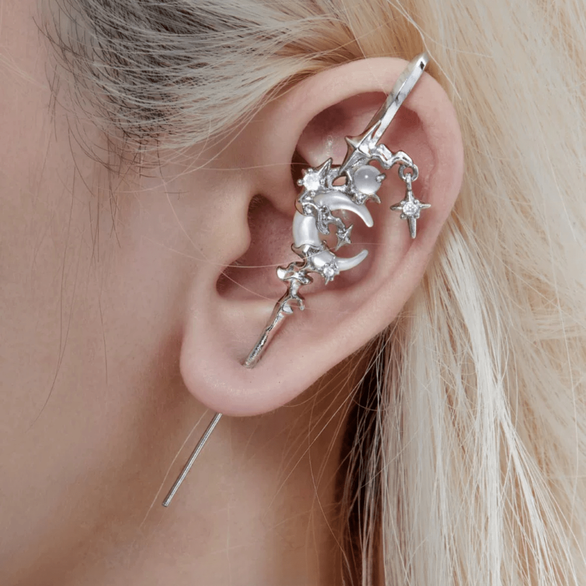 Punk CZ Inlaid Moon Star Rose Hook Needle Piercing Stud Earring