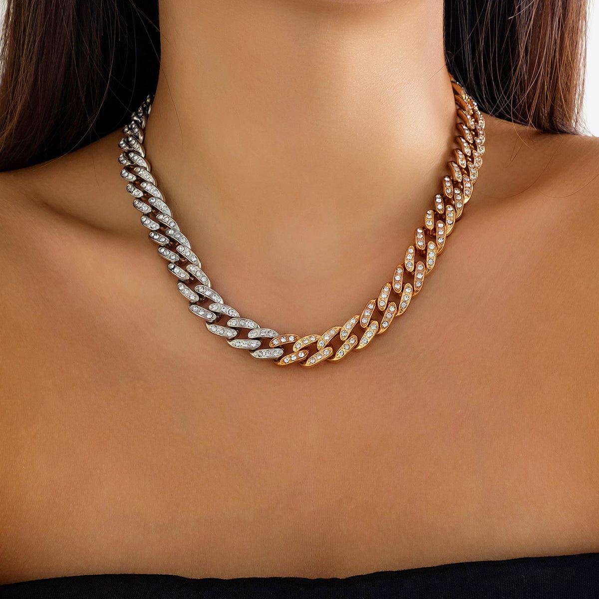 Punk Gold Silver Plated Rhinestone Inlaid Curb Chain Necklace - ArtGalleryZen