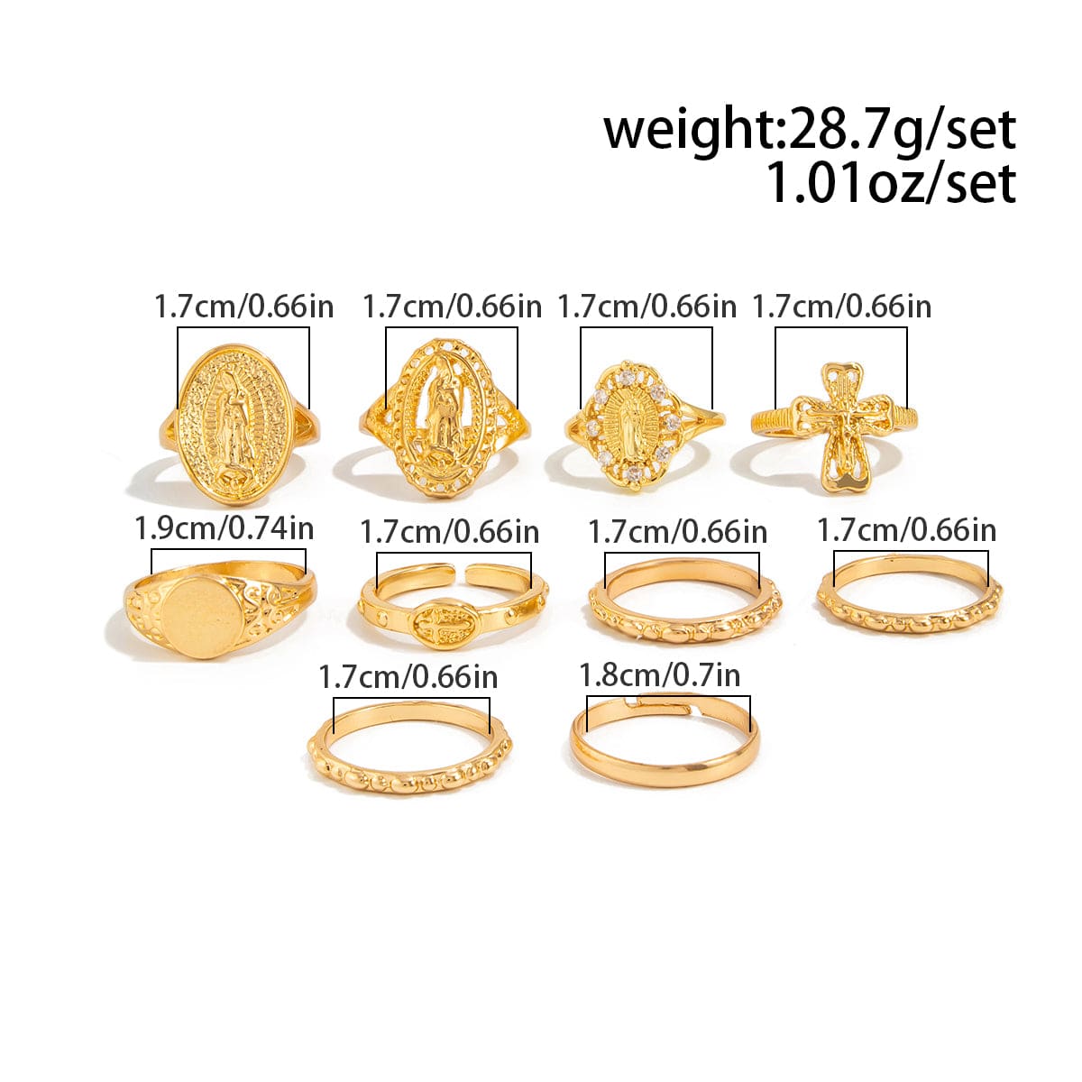 Punk Style 10pcs Rhinestone Inlaid Hollow Oval Disk Cross Ring Set - ArtGalleryZen