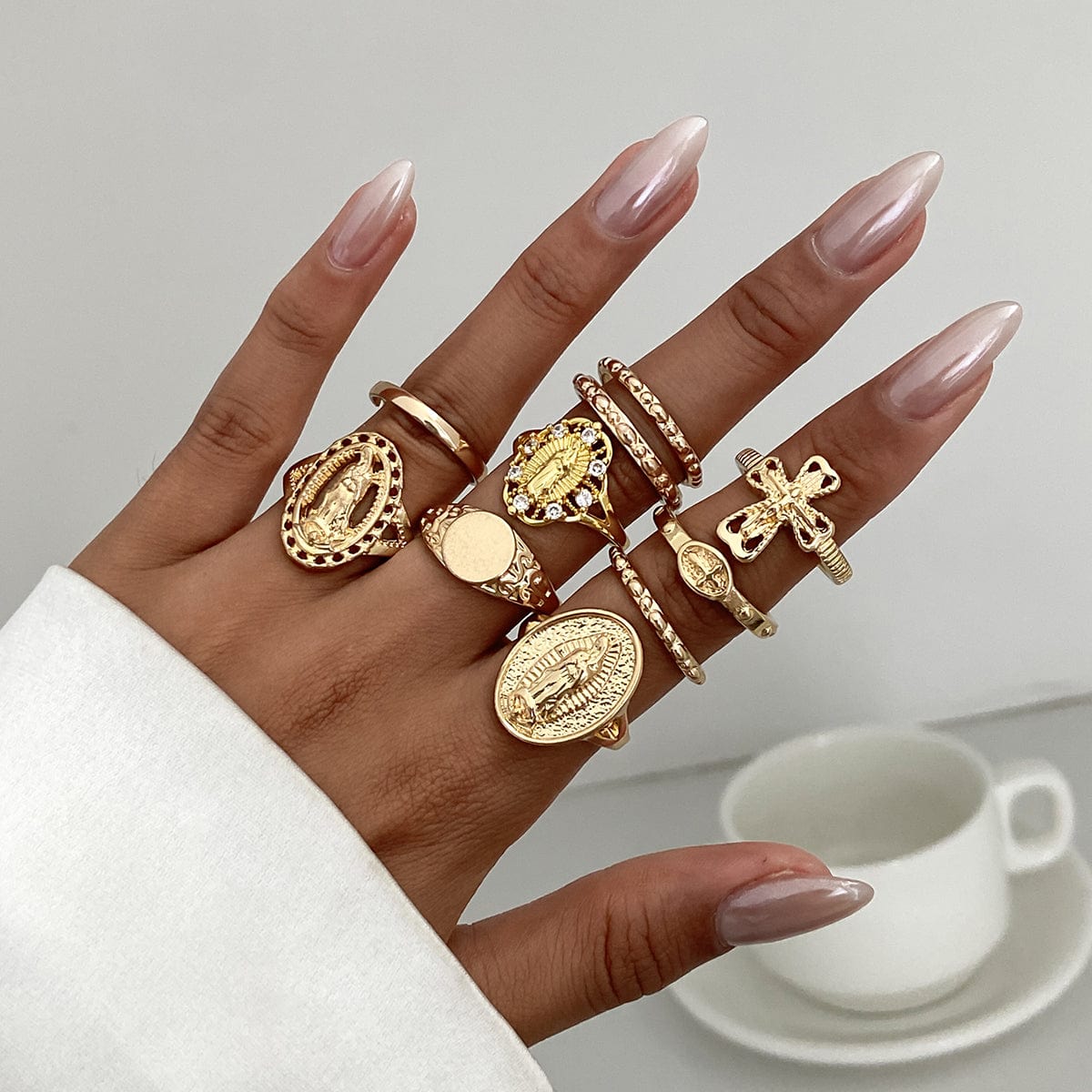 Punk Style 10pcs Rhinestone Inlaid Hollow Oval Disk Cross Ring Set - ArtGalleryZen