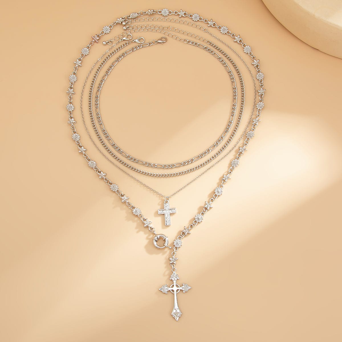 Punk Style Layered Gold Silver Plated Cross Pendant Y Necklace Set - ArtGalleryZen