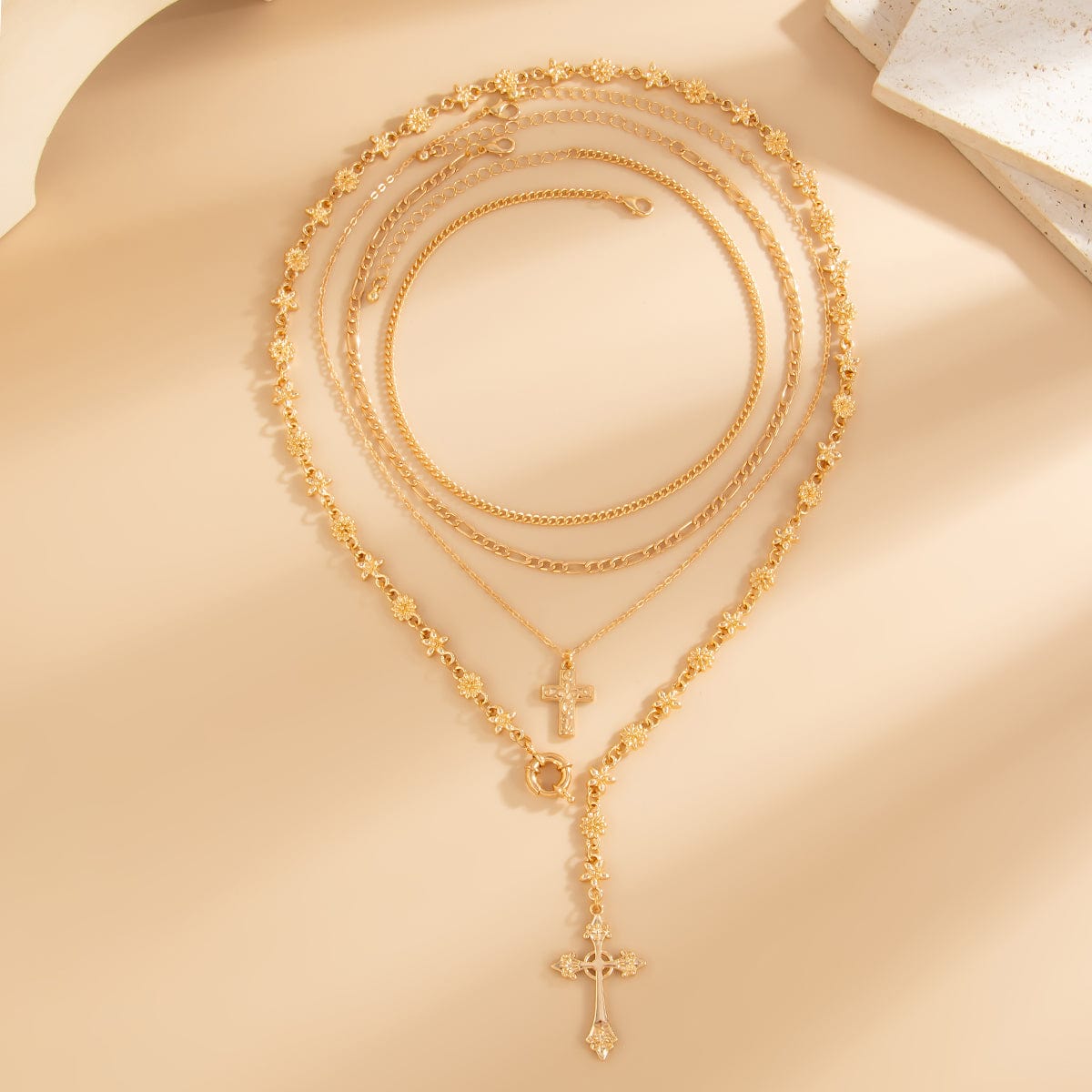 Punk Style Layered Gold Silver Plated Cross Pendant Y Necklace Set - ArtGalleryZen