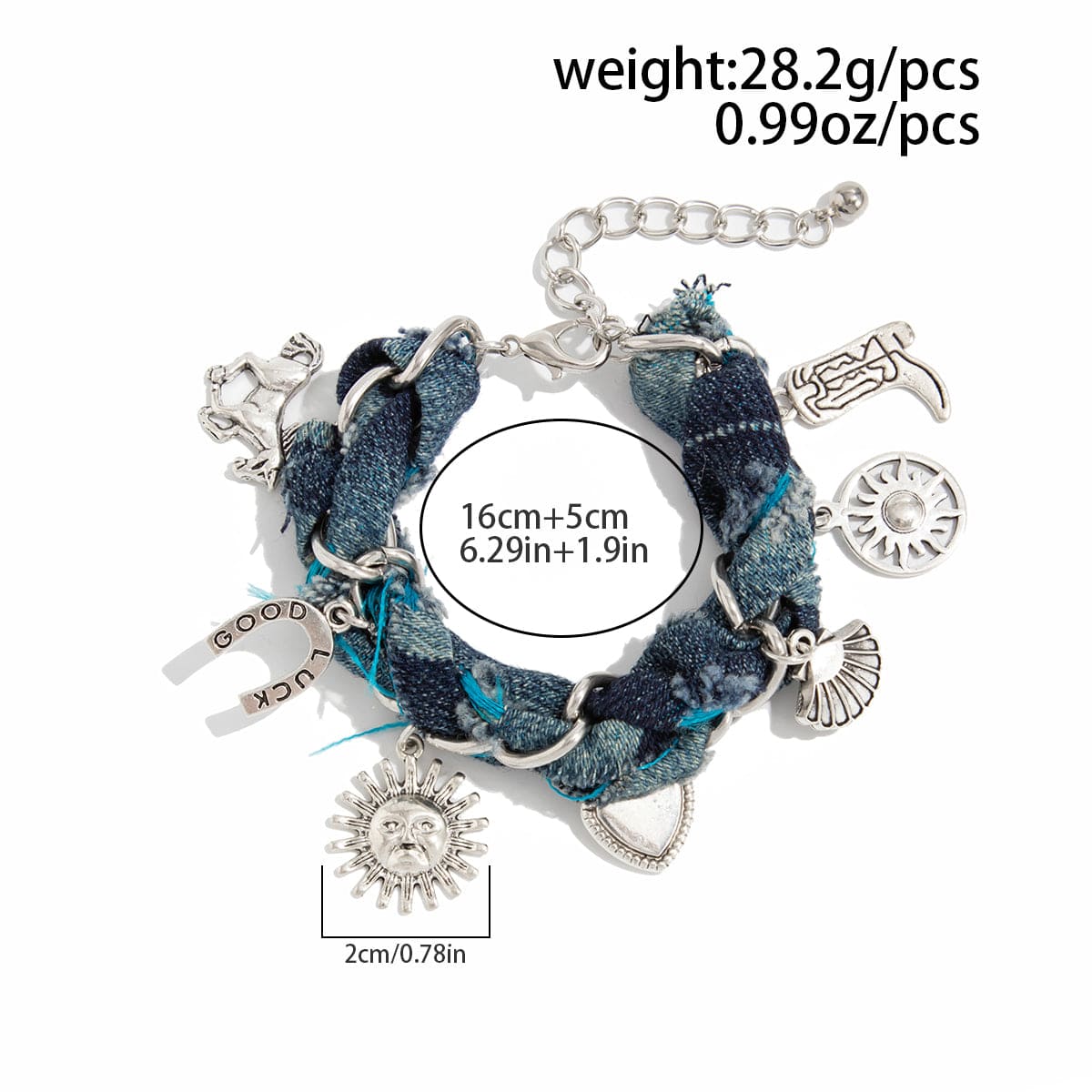 Punk Style Sun Heart Boot Charm Denim Bracelet - ArtGalleryZen