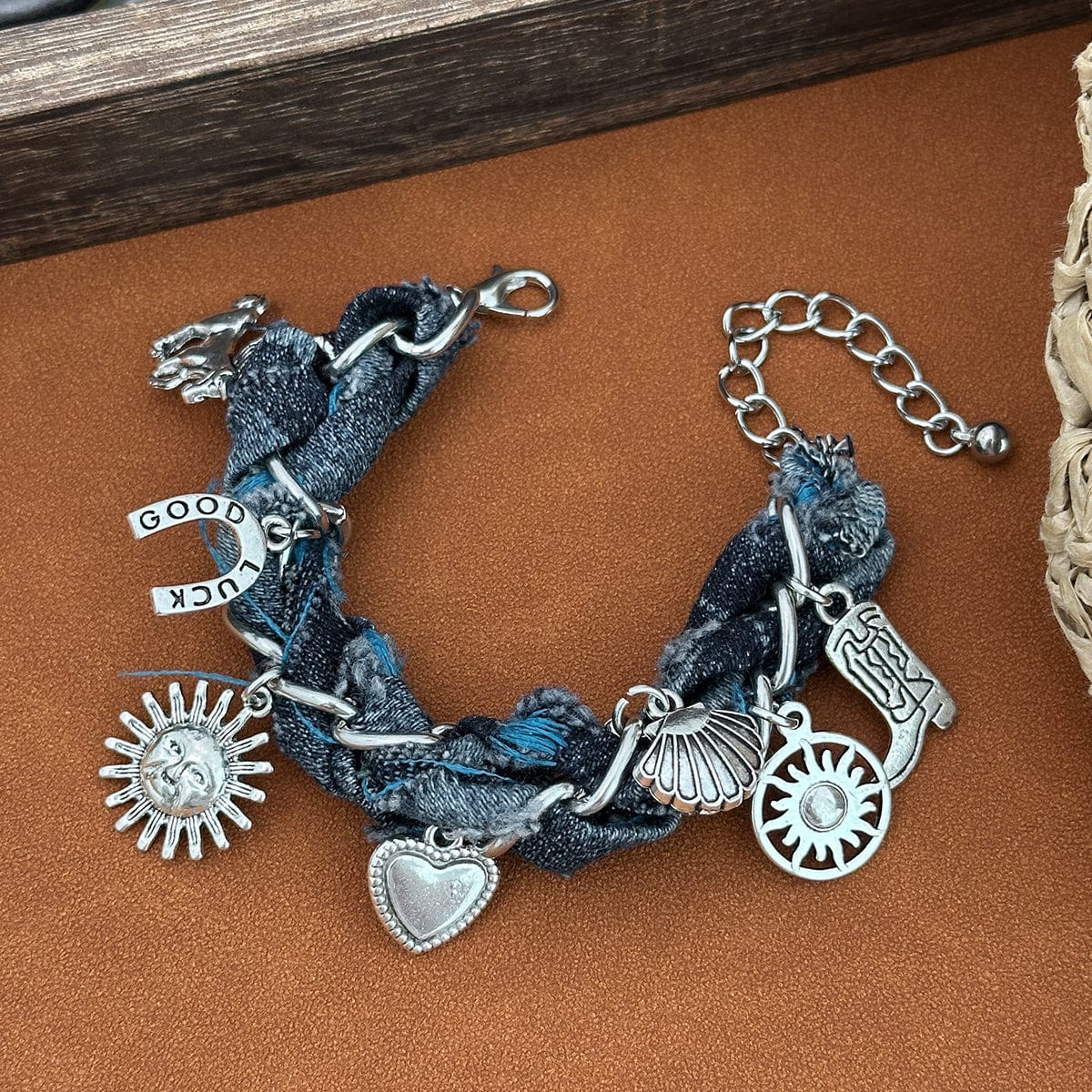 Punk Style Sun Heart Boot Charm Denim Bracelet - ArtGalleryZen